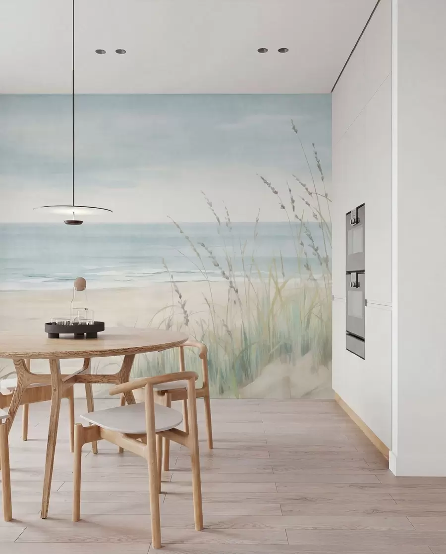 murales Arena con conchas, una suave orilla y hierba en suaves tonos pastel w05821