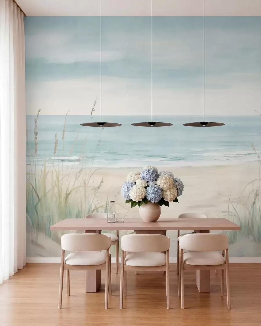 peintures murales Du sable parsemé de coquillages, une plage au relief doux et des herbes aux teintes pastel délicates w05821