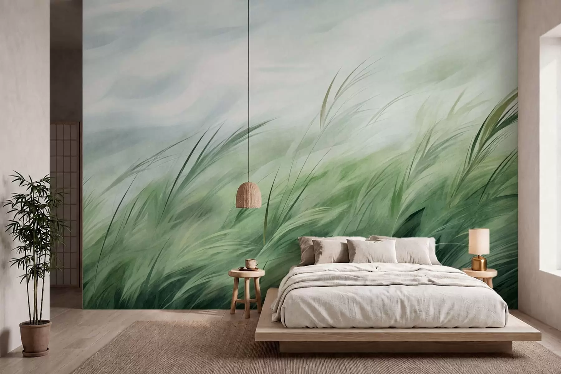 Wall Mural Photo Wallpaper Sage green with delicate grasses gently bending in a quiet breeze w05853