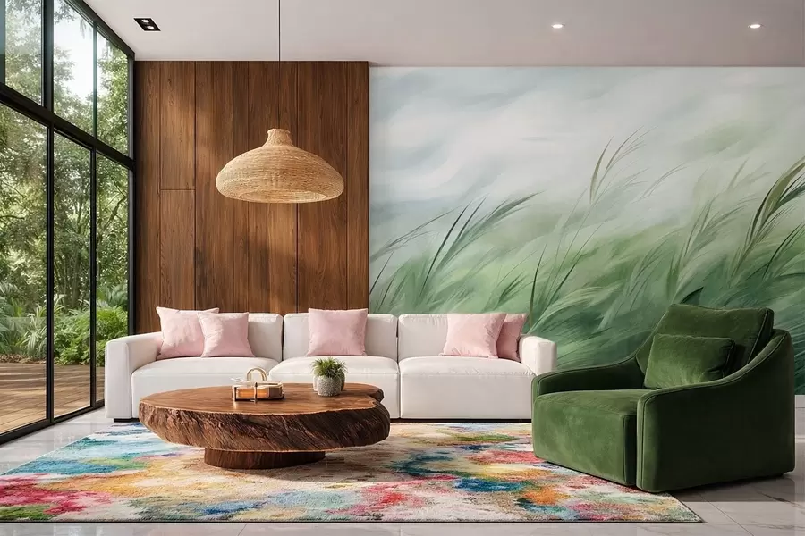 wall murals Sage green with delicate grasses gently bending in a quiet breeze w05853