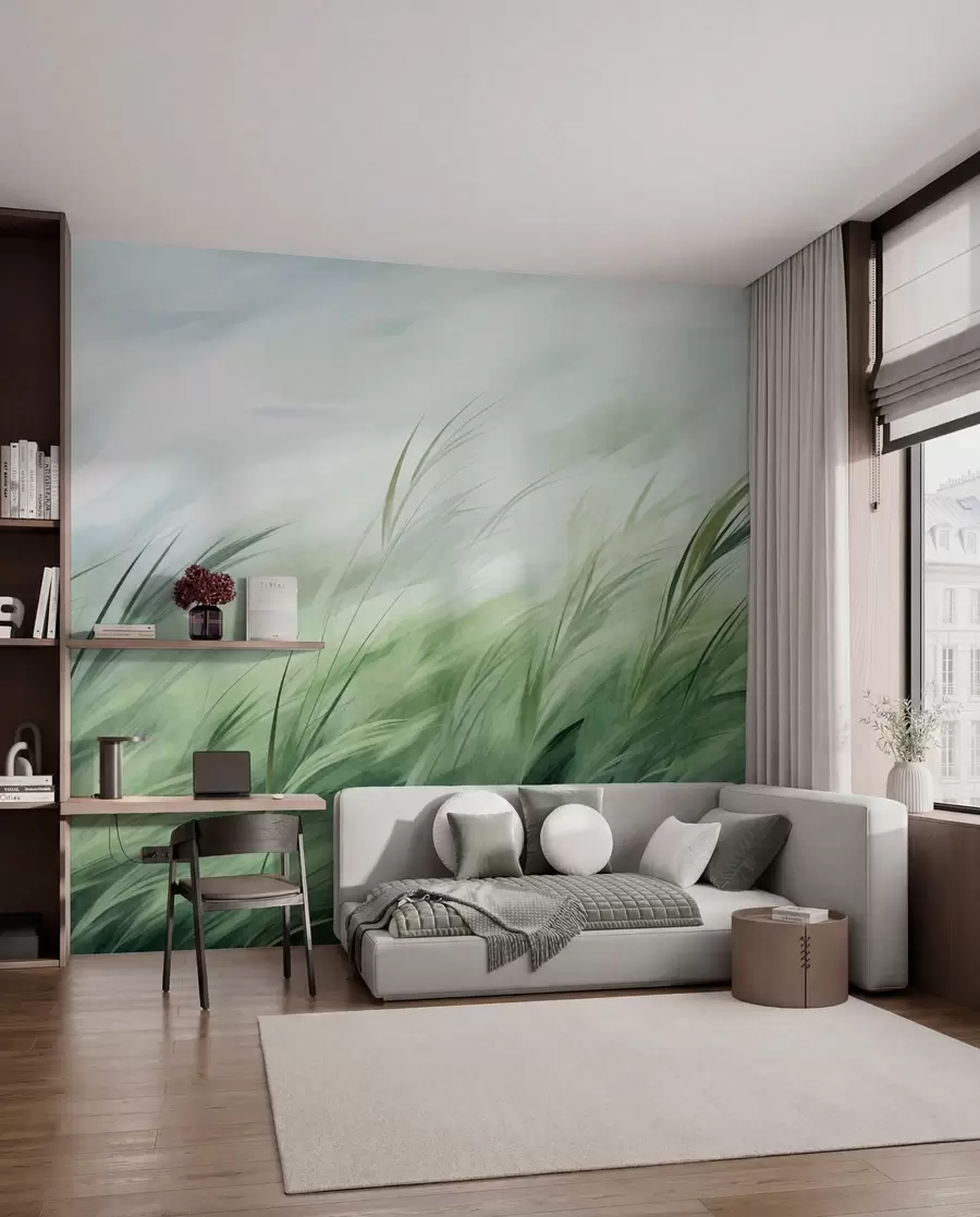 murales Verde salvia con delicadas hierbas que se mecen suavemente con la brisa tranquila w05853