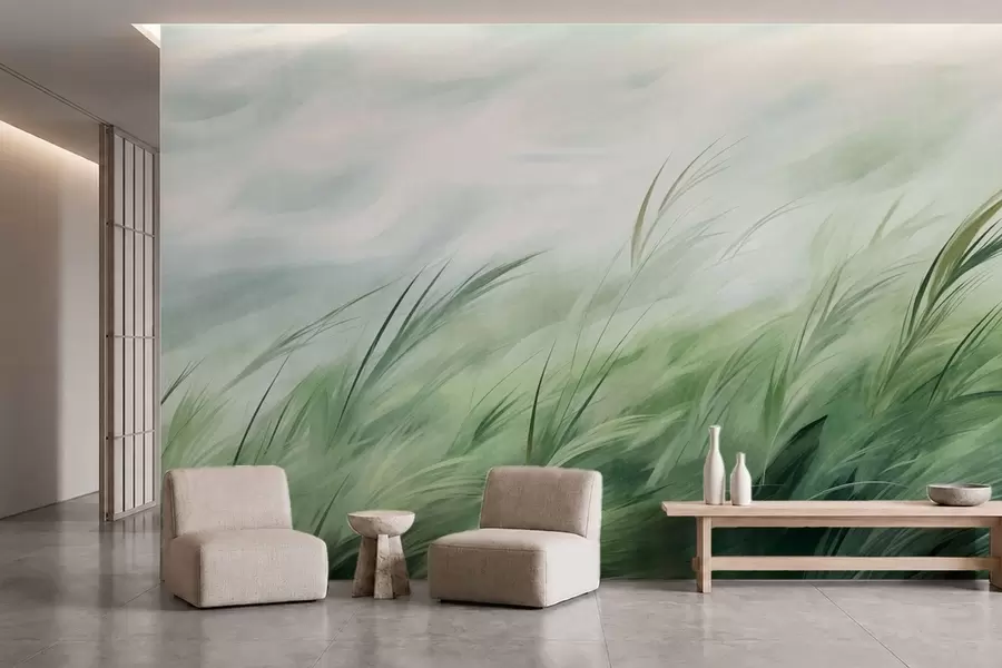 peintures murales Vert sauge, avec de délicates herbes qui se balancent doucement sous une brise légère w05853