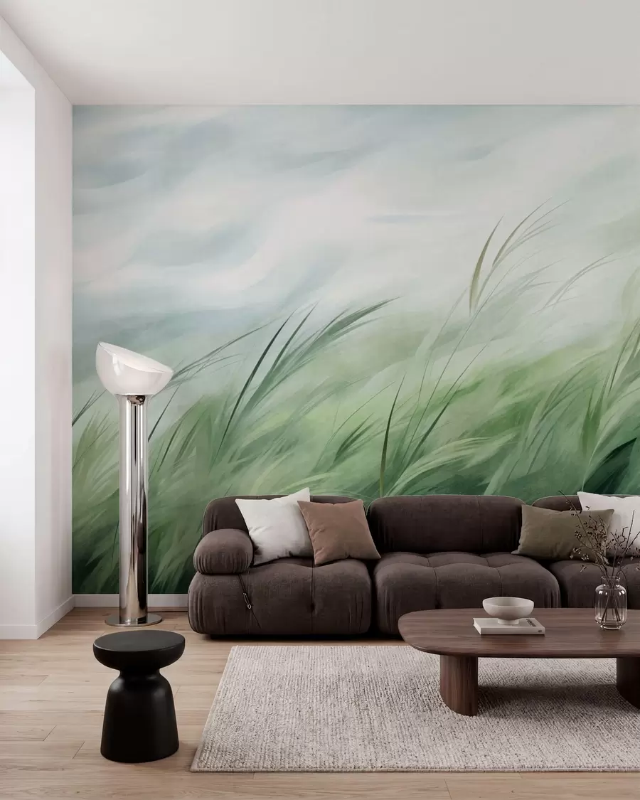 murales Verde salvia con delicadas hierbas que se mecen suavemente con la brisa tranquila w05853