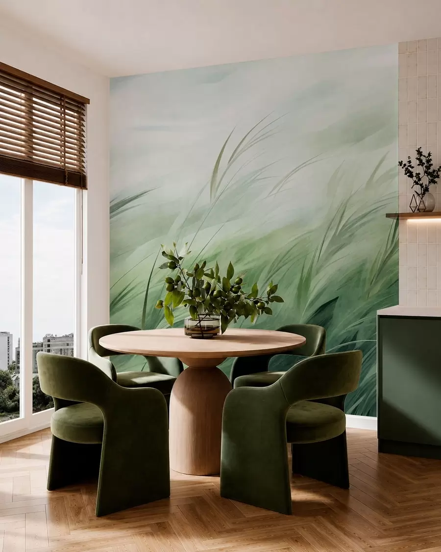 murales Verde salvia con delicadas hierbas que se mecen suavemente con la brisa tranquila w05853