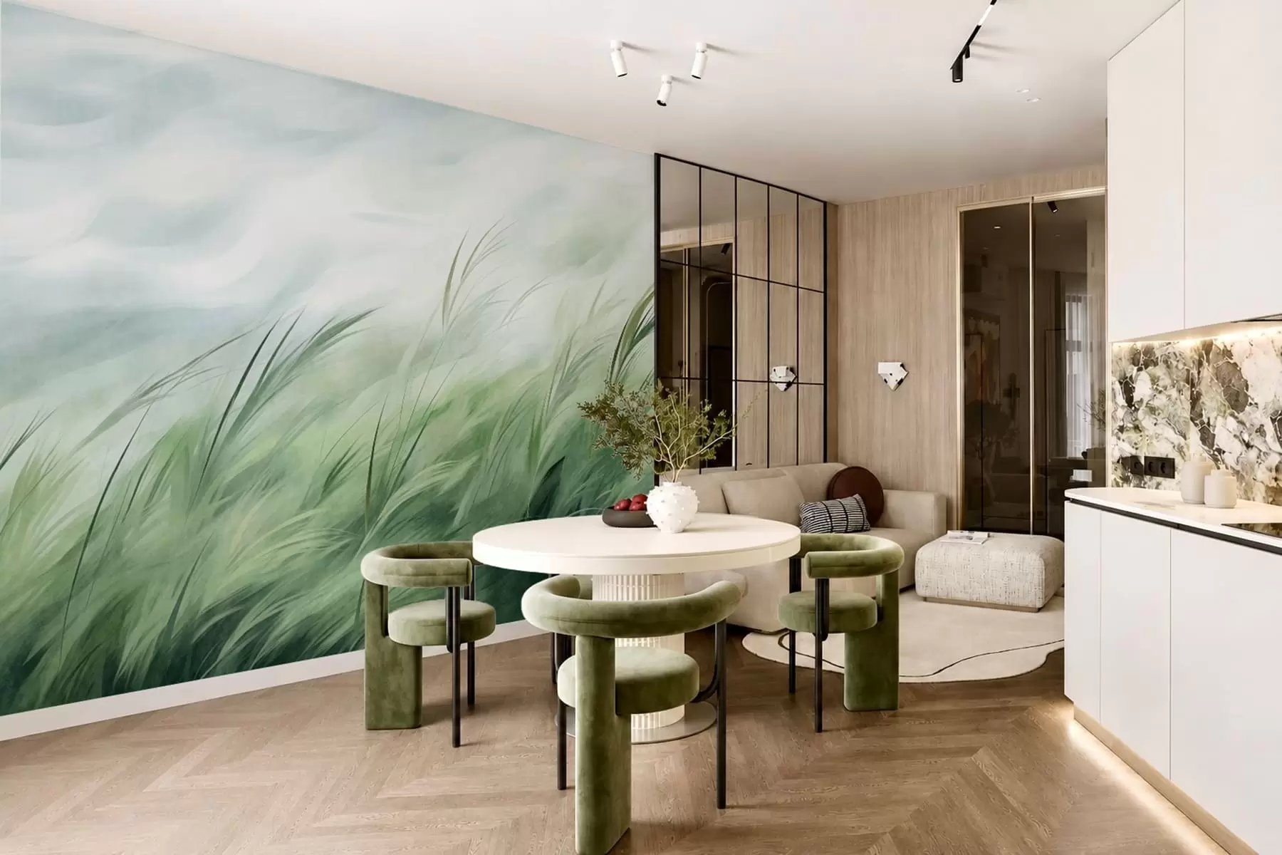 murales Verde salvia con delicadas hierbas que se mecen suavemente con la brisa tranquila w05853