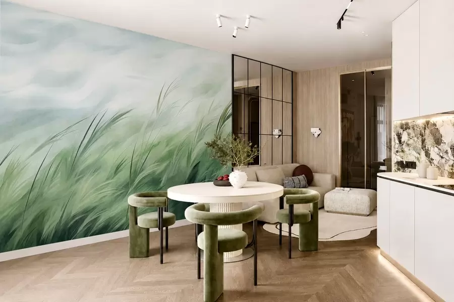 murales Verde salvia con delicadas hierbas que se mecen suavemente con la brisa tranquila w05853