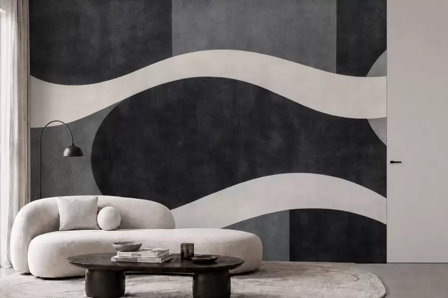 peintures murales Du graphite où des vagues claires et fluides se dessinent sur des formes d'un gris anthracite profond w05854