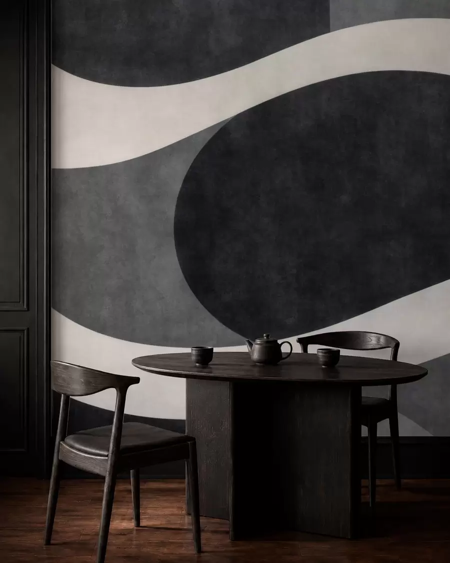 peintures murales Du graphite où des vagues claires et fluides se dessinent sur des formes d'un gris anthracite profond w05854
