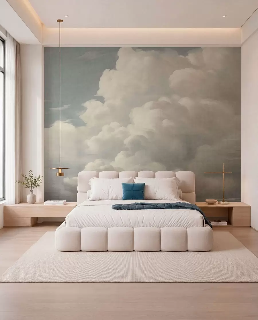 murales Niebla perlada con suaves nubes cremosas que se deslizan por un cielo tranquilo w05855