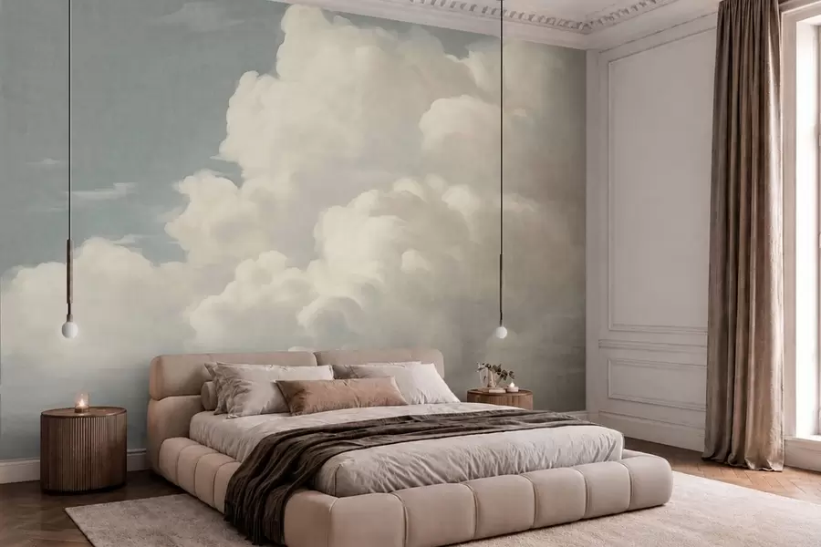 peintures murales Une brume nacrée, parsemée de nuages doux et crémeux qui dérivent dans un ciel serein w05855