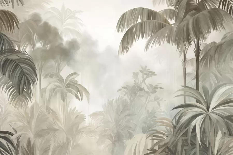 Wall Mural Photo Wallpaper Textured jungle landscape with palm trees and lush foliage, in a soft, painterly style w10016