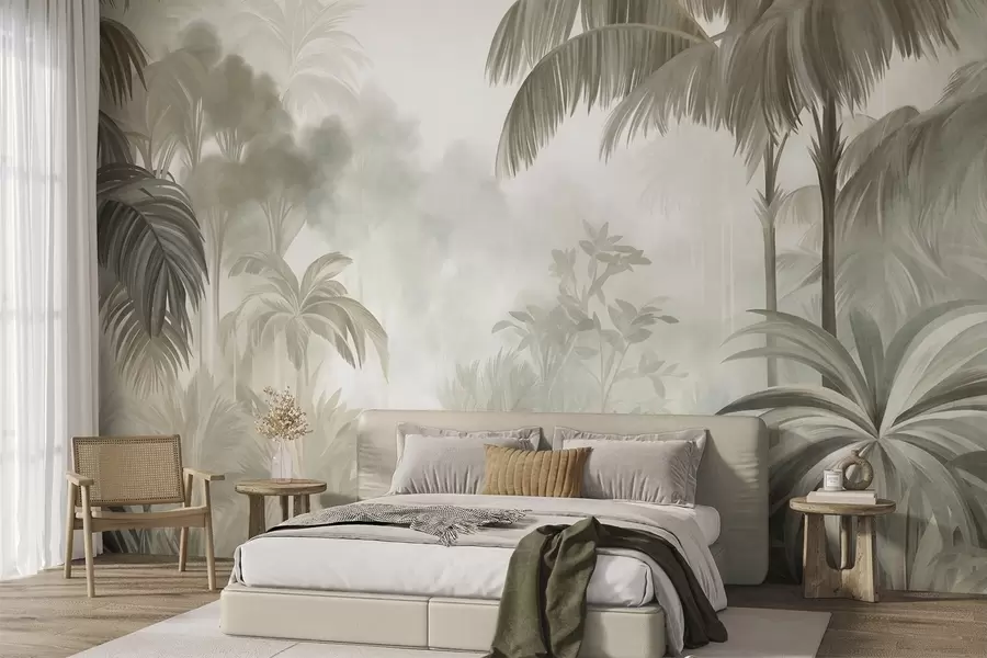 wall murals Textured jungle landscape with palm trees and lush foliage, in a soft, painterly style w10016
