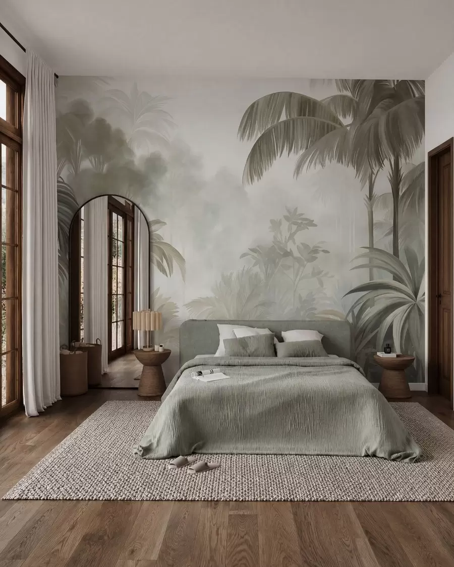 wall murals Textured jungle landscape with palm trees and lush foliage, in a soft, painterly style w10016