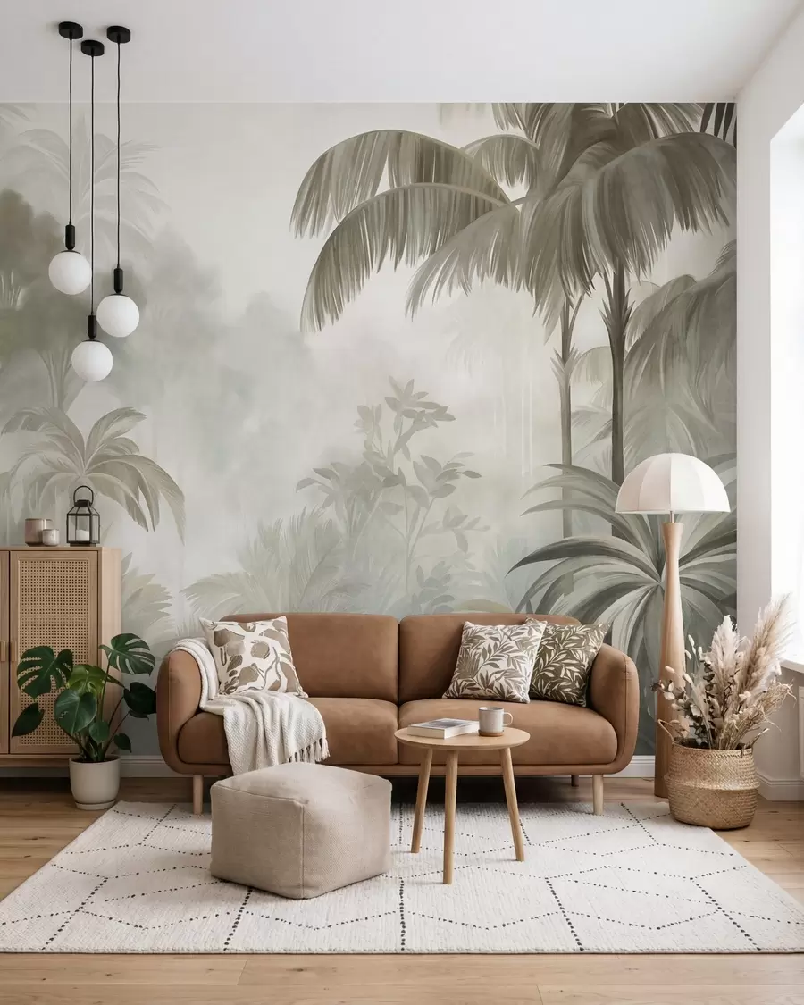 peintures murales Paysage de jungle texturé, avec des palmiers et une végétation luxuriante, dans un style doux et pictural w10016