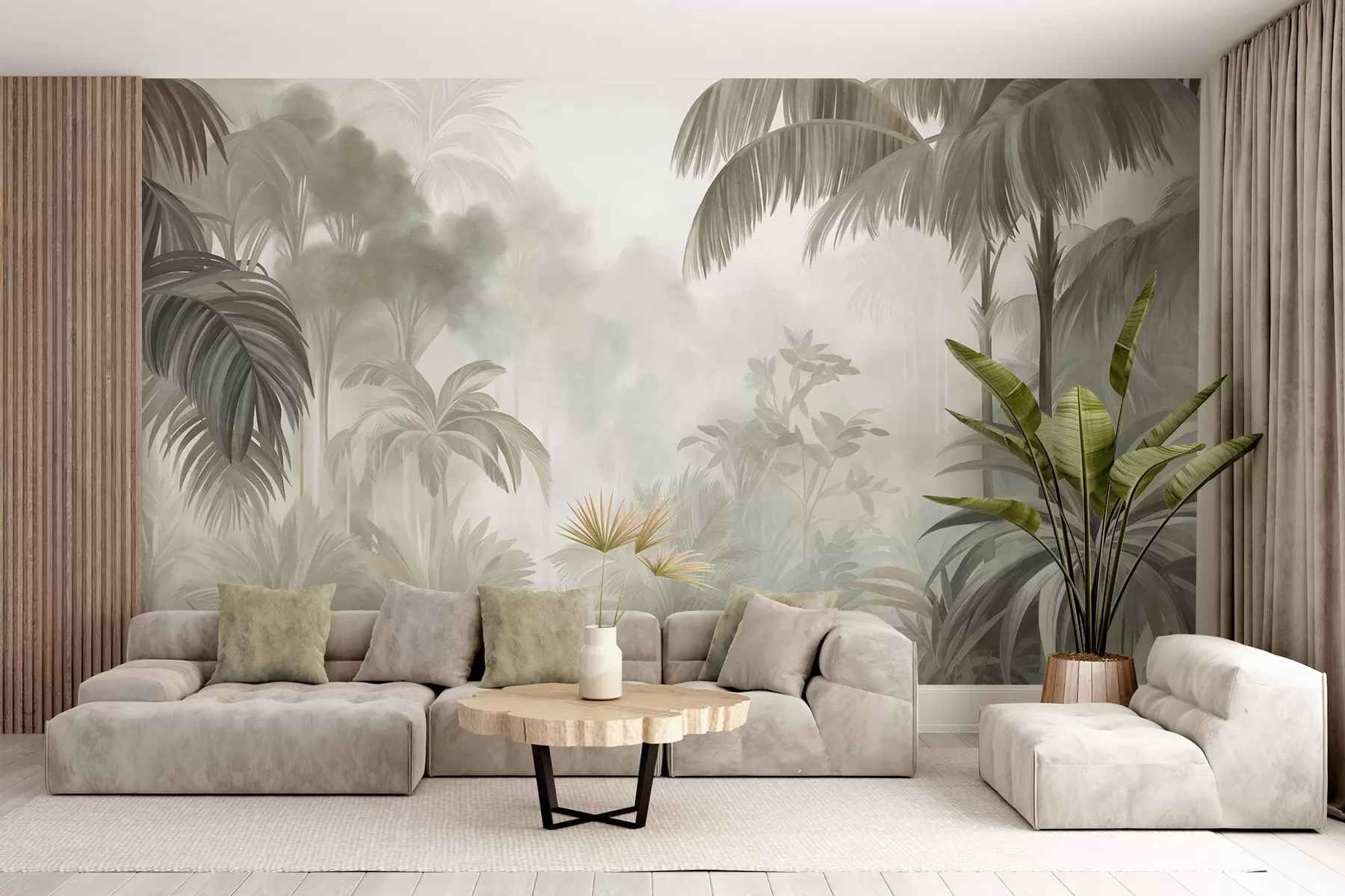 peintures murales Paysage de jungle texturé, avec des palmiers et une végétation luxuriante, dans un style doux et pictural w10016