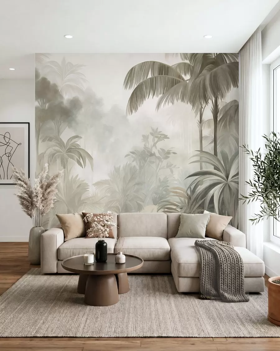 murales Paisaje selvático con textura, con palmeras y una exuberante vegetación, en un estilo suave y pictórico w10016