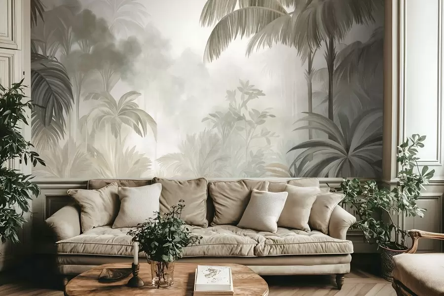 peintures murales Paysage de jungle texturé, avec des palmiers et une végétation luxuriante, dans un style doux et pictural w10016