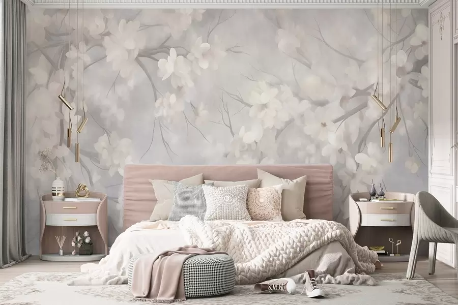 peintures murales Fleurs de cerisier blanches sur des branches fines, flou, fond gris clair, illustration texturée w10012
