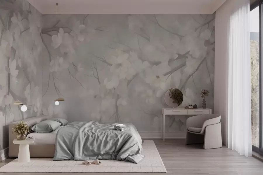 peintures murales Fleurs de cerisier blanches sur des branches fines, flou, fond gris clair, illustration texturée w10012