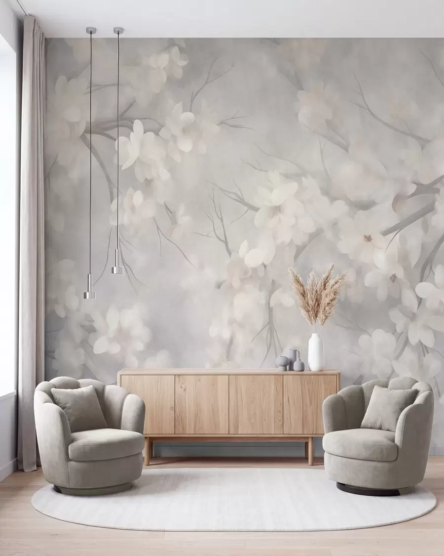 peintures murales Fleurs de cerisier blanches sur des branches fines, flou, fond gris clair, illustration texturée w10012
