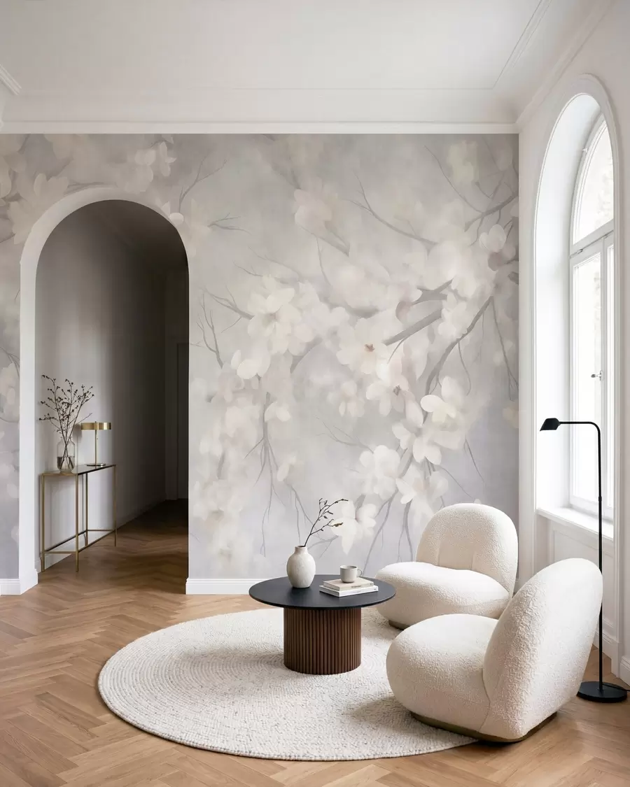 peintures murales Fleurs de cerisier blanches sur des branches fines, flou, fond gris clair, illustration texturée w10012