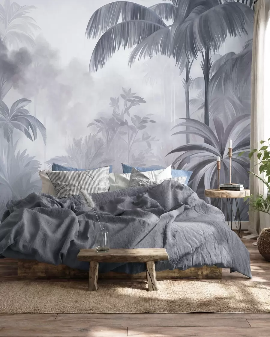 wall murals Textured jungle landscape with palm trees and lush foliage, in a soft, painterly style w10016v1