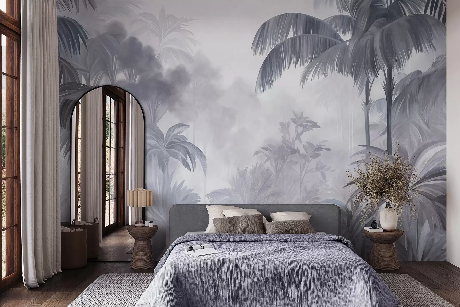 Wall Mural Photo Wallpaper Textured jungle landscape with palm trees and lush foliage, in a soft, painterly style w10016v1