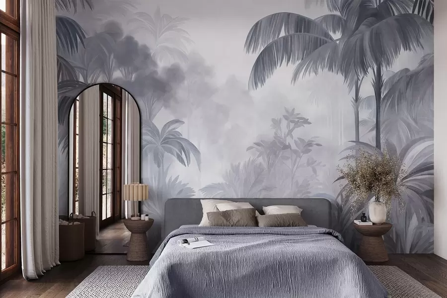 wall murals Textured jungle landscape with palm trees and lush foliage, in a soft, painterly style w10016v1