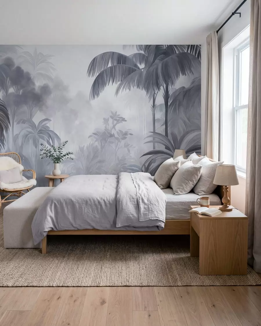 peintures murales Paysage de jungle texturé, avec des palmiers et une végétation luxuriante, dans un style doux et pictural w10016v1