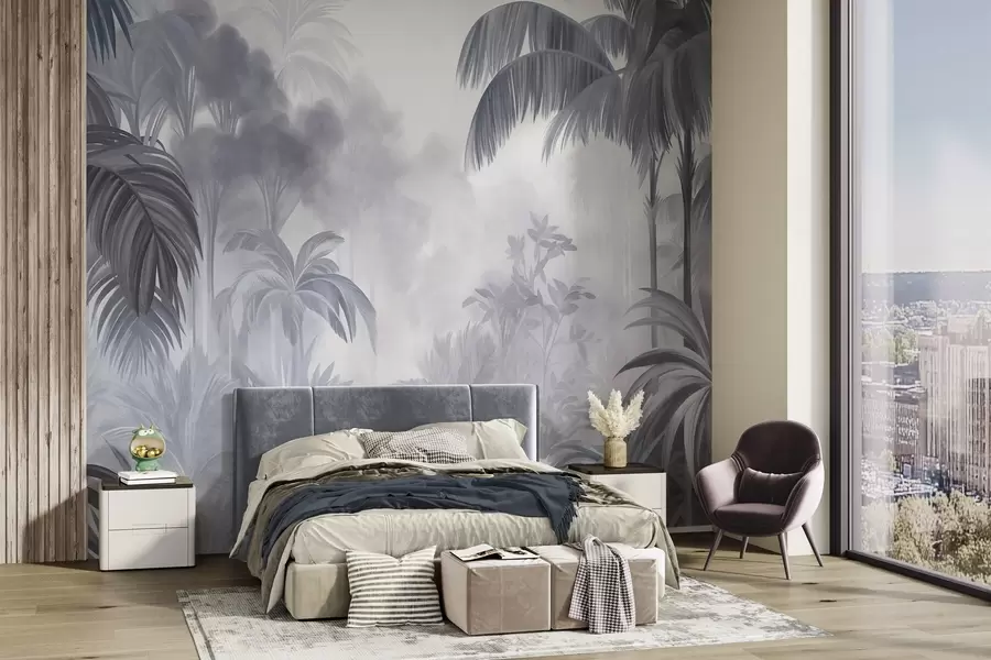 wall murals Textured jungle landscape with palm trees and lush foliage, in a soft, painterly style w10016v1