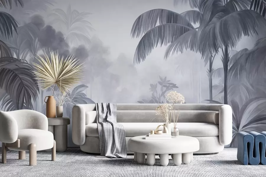 peintures murales Paysage de jungle texturé, avec des palmiers et une végétation luxuriante, dans un style doux et pictural w10016v1