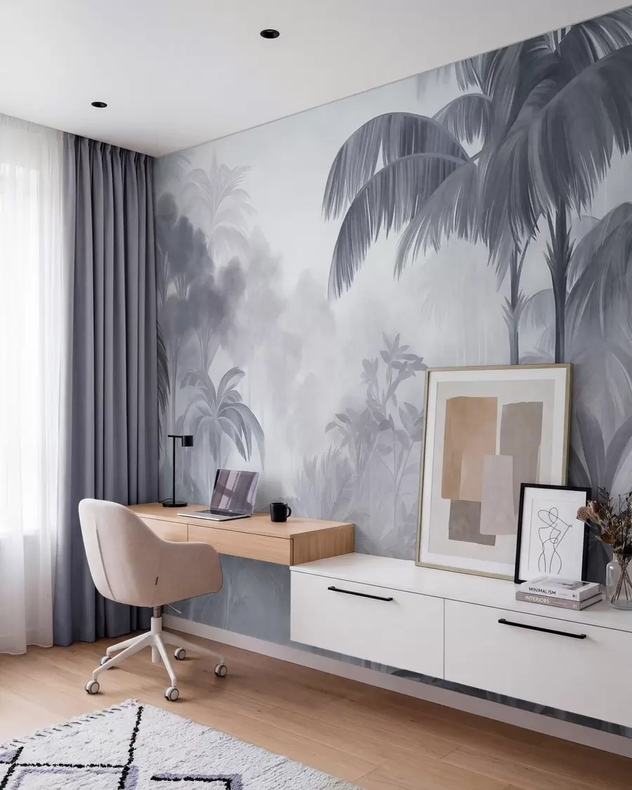 wall murals Textured jungle landscape with palm trees and lush foliage, in a soft, painterly style w10016v1