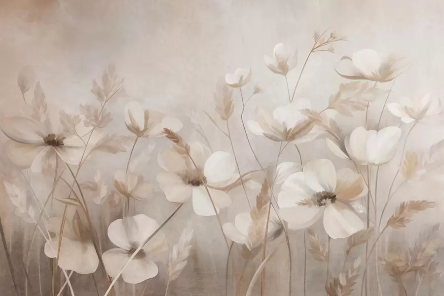 wall murals A field of light-colored flowers and tall grasses in muted tones, textured art w10019