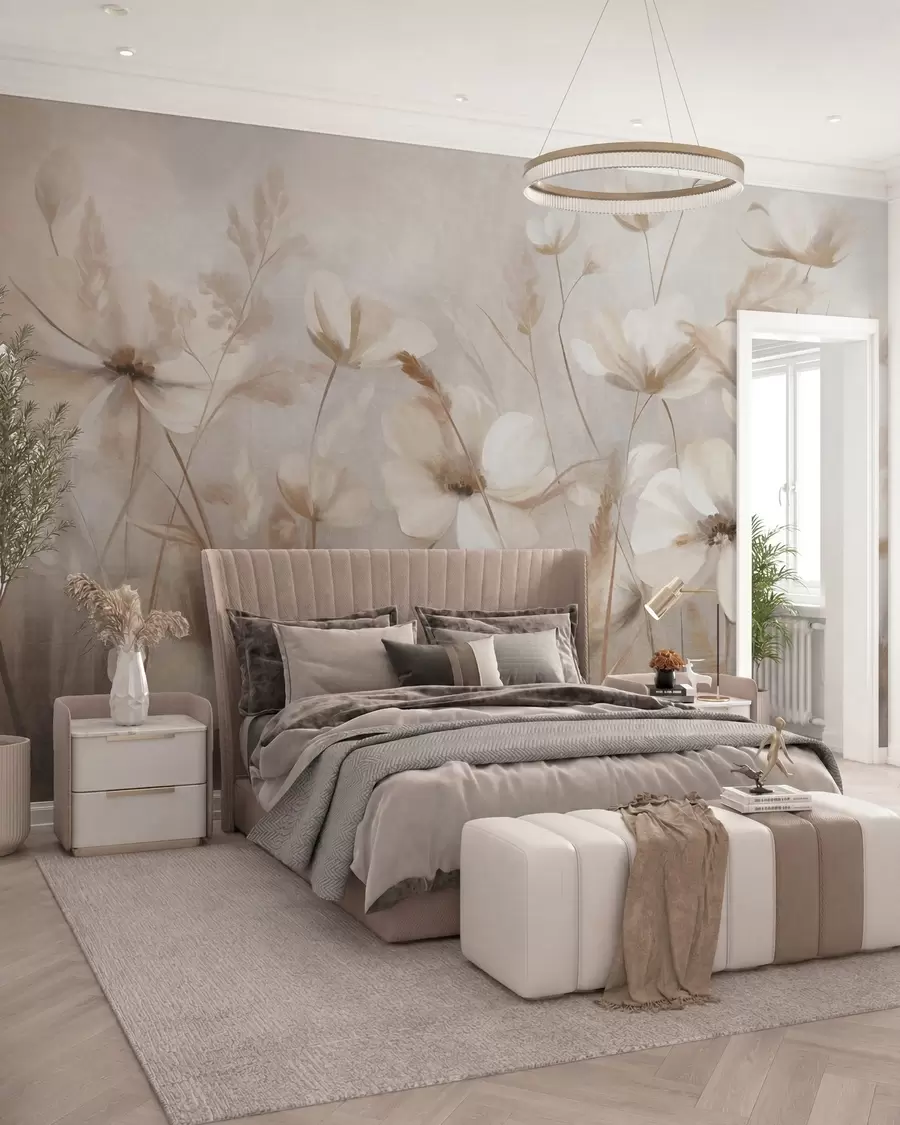 peintures murales Un champ de fleurs aux couleurs claires et de hautes herbes aux teintes douces, œuvre d'art texturée w10019