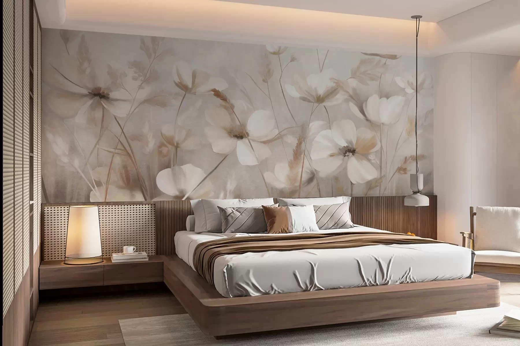 Wall Mural Photo Wallpaper A field of light-colored flowers and tall grasses in muted tones, textured art w10019