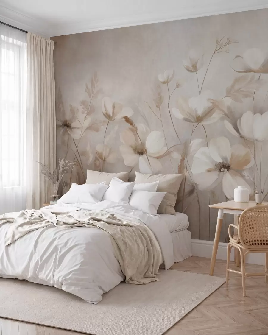 peintures murales Un champ de fleurs aux couleurs claires et de hautes herbes aux teintes douces, œuvre d'art texturée w10019
