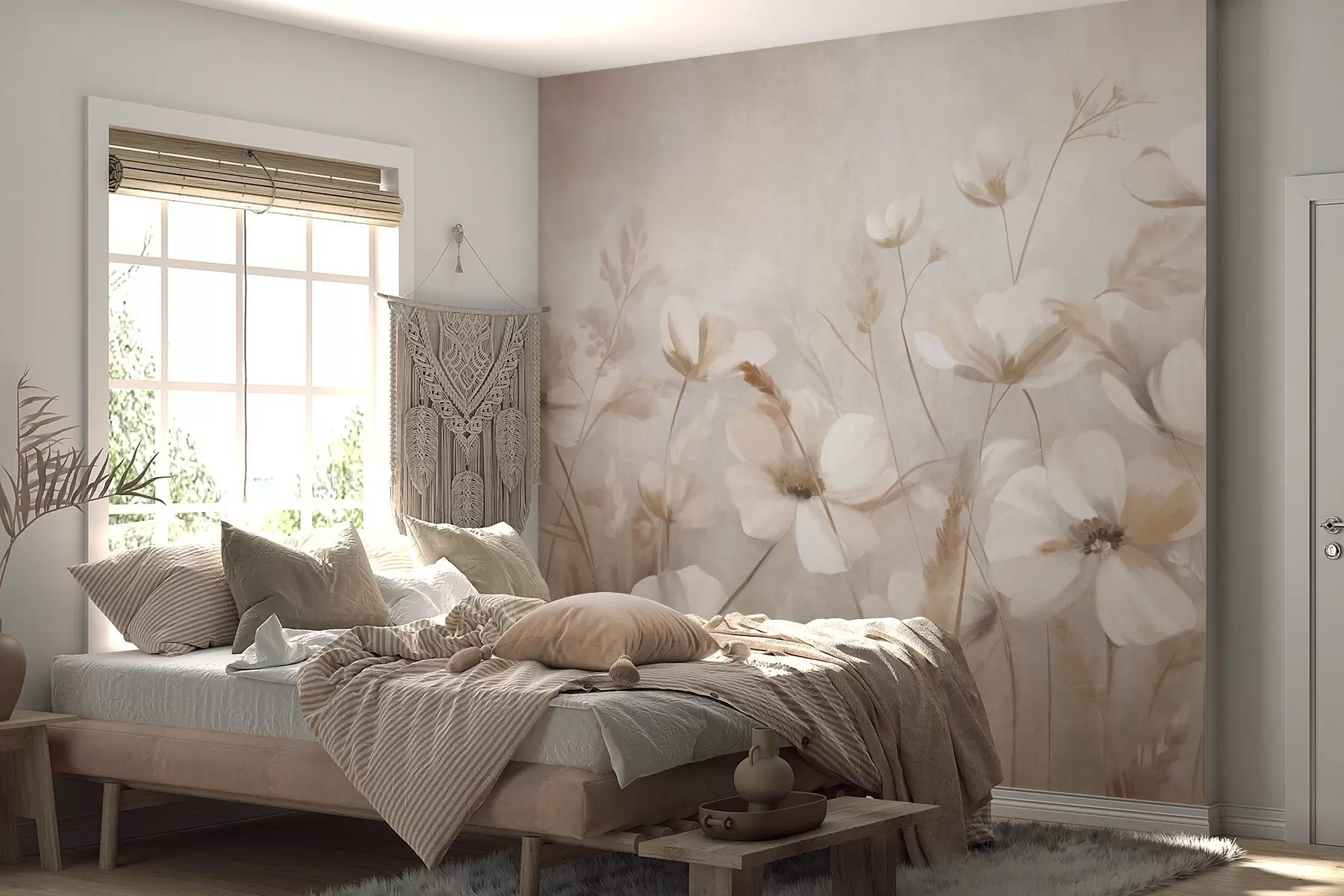 murales Un campo de flores de colores claros y hierbas altas en tonos apagados, obra de arte con textura w10019