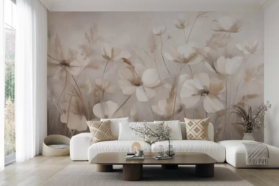 peintures murales Un champ de fleurs aux couleurs claires et de hautes herbes aux teintes douces, œuvre d'art texturée w10019