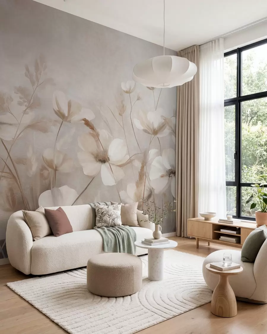 wall murals A field of light-colored flowers and tall grasses in muted tones, textured art w10019