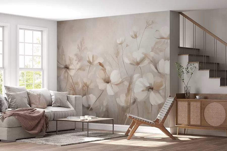 peintures murales Un champ de fleurs aux couleurs claires et de hautes herbes aux teintes douces, œuvre d'art texturée w10019