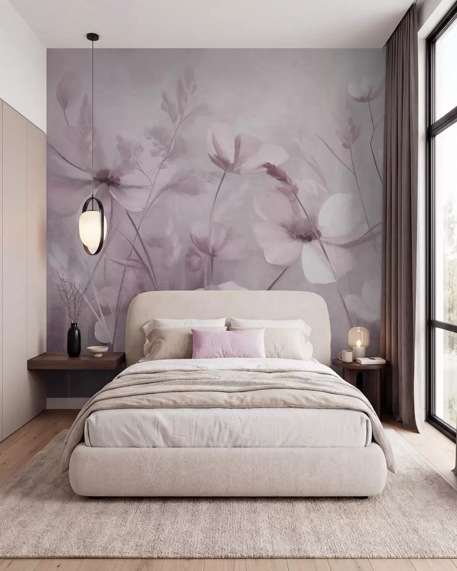 peintures murales Un champ de fleurs aux couleurs claires et de hautes herbes aux teintes douces, œuvre d'art texturée w10019v1