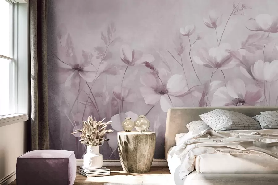 peintures murales Un champ de fleurs aux couleurs claires et de hautes herbes aux teintes douces, œuvre d'art texturée w10019v1