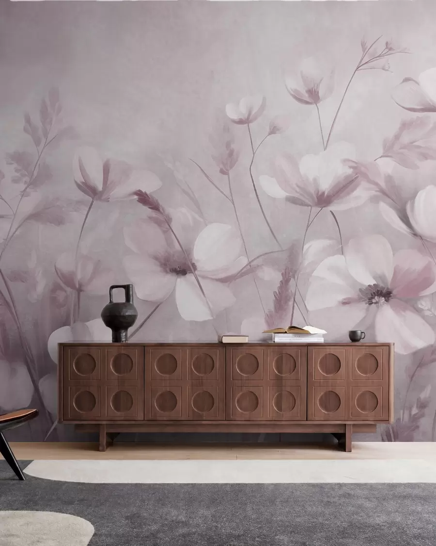 wall murals A field of light-colored flowers and tall grasses in muted tones, textured art w10019v1