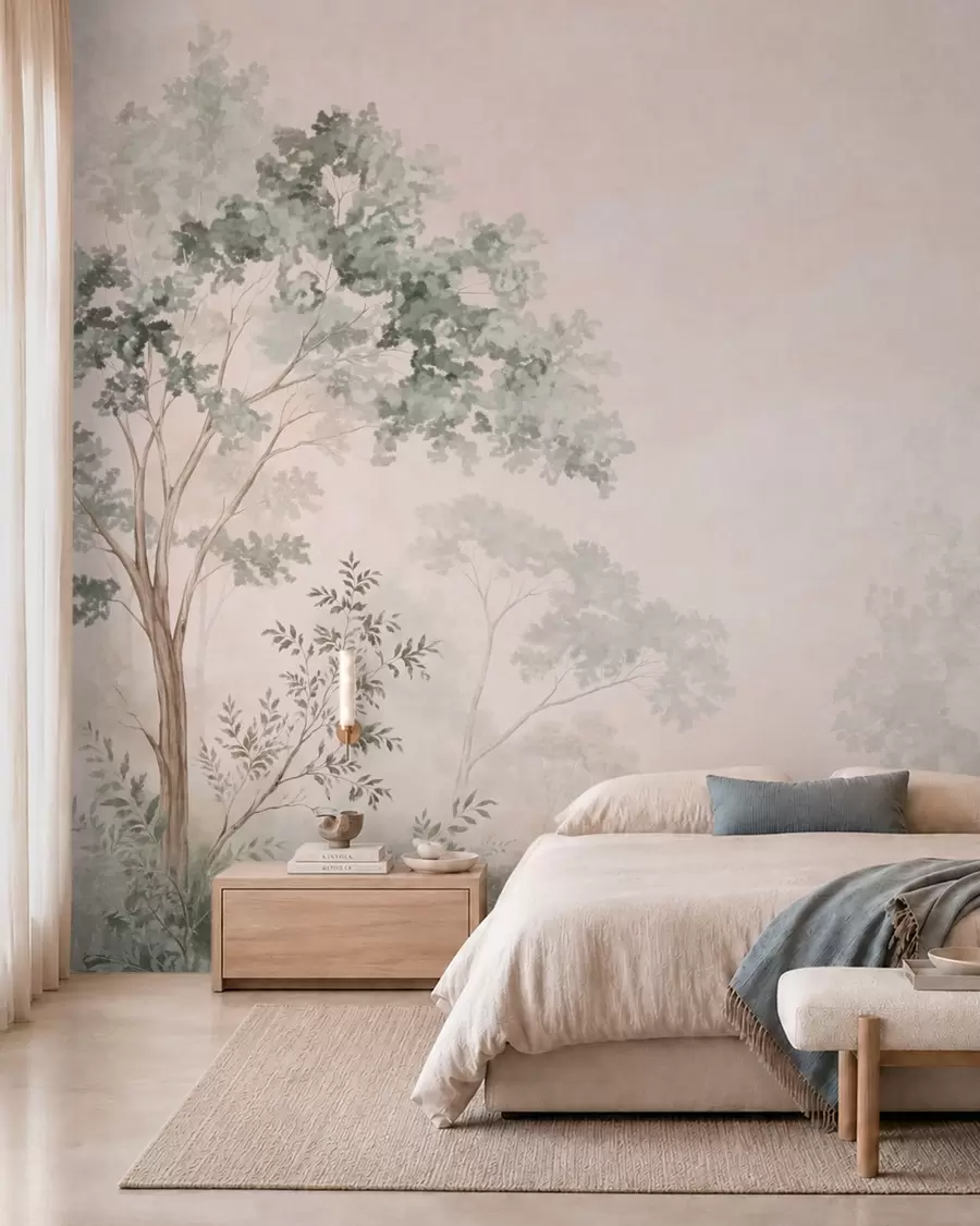 peintures murales Arbres et arbustes forestiers aux teintes pastel brumeuses w05856