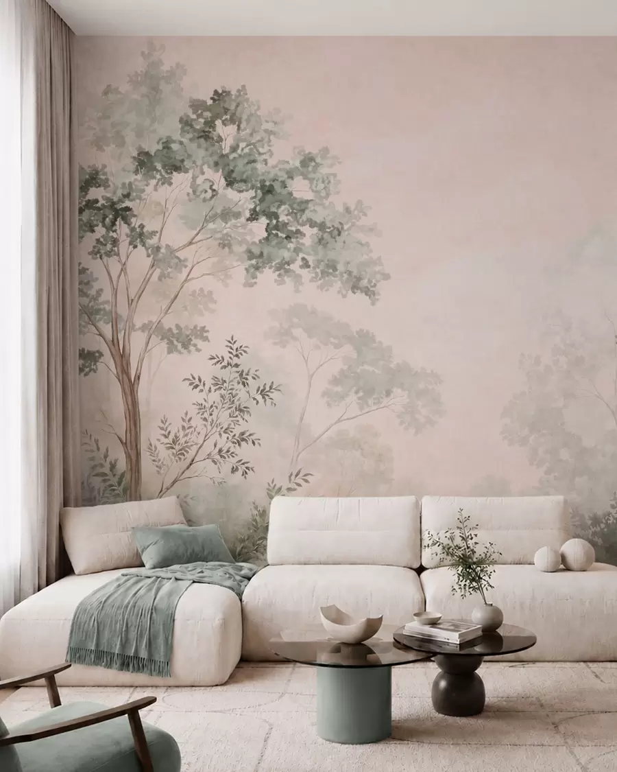 peintures murales Arbres et arbustes forestiers aux teintes pastel brumeuses w05856