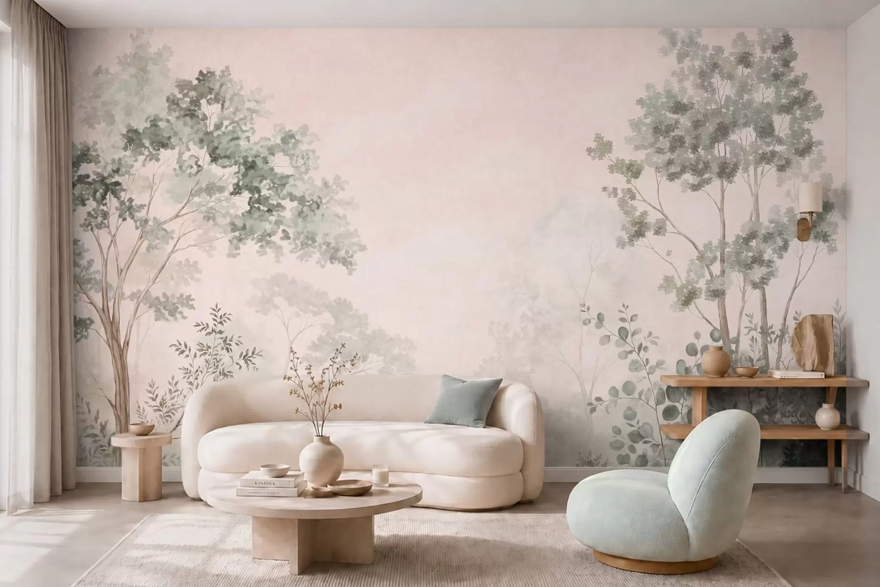 peintures murales Arbres et arbustes forestiers aux teintes pastel brumeuses w05856