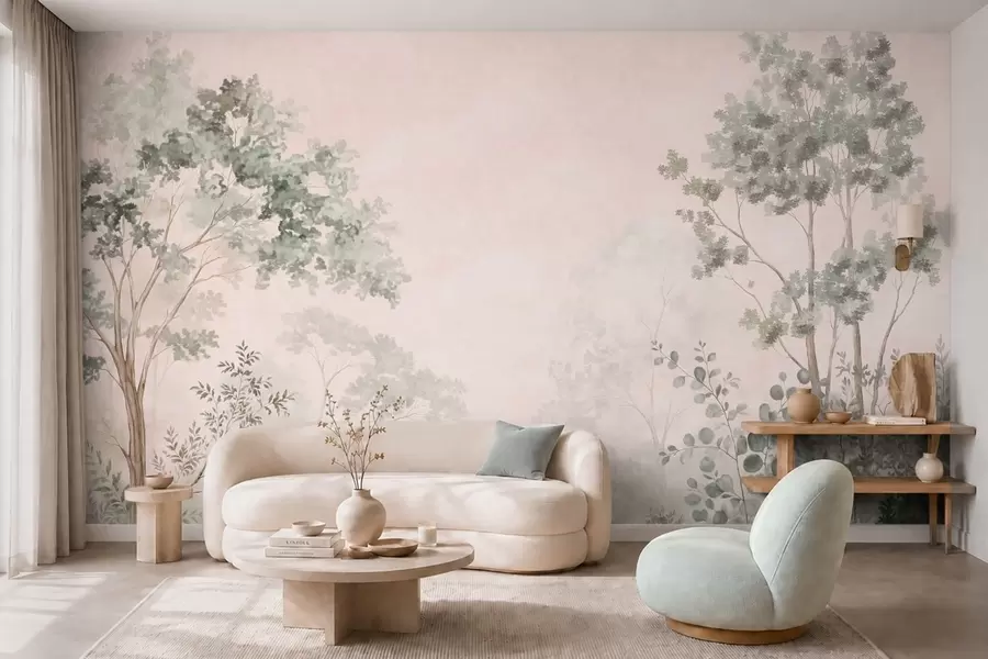 wall murals Forest trees and shrubs in misty pastel tones w05856