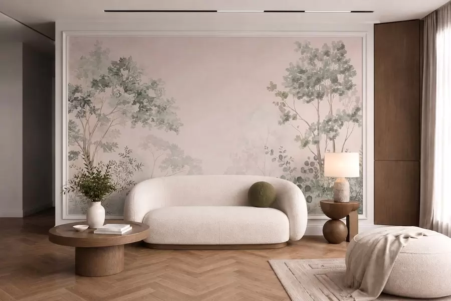 murales Árboles y arbustos del bosque en tonos pastel difuminados w05856