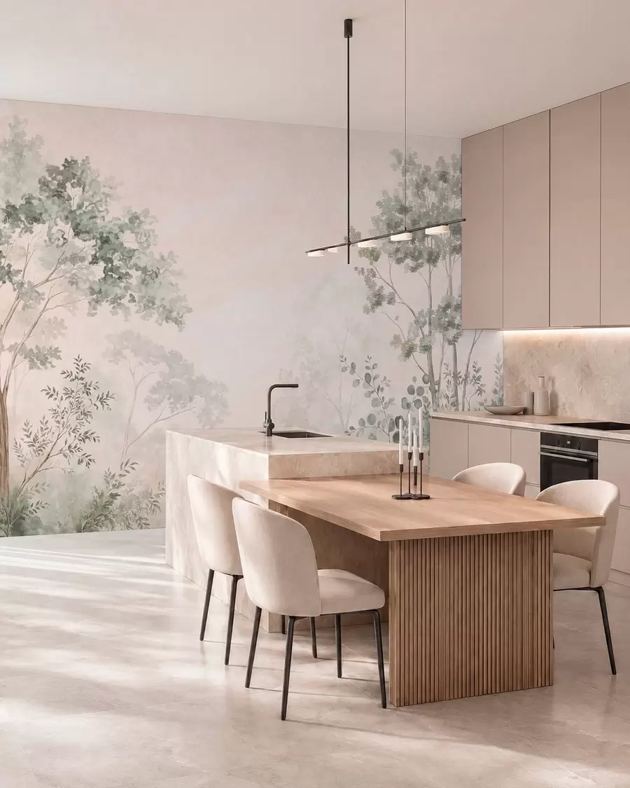 peintures murales Arbres et arbustes forestiers aux teintes pastel brumeuses w05856