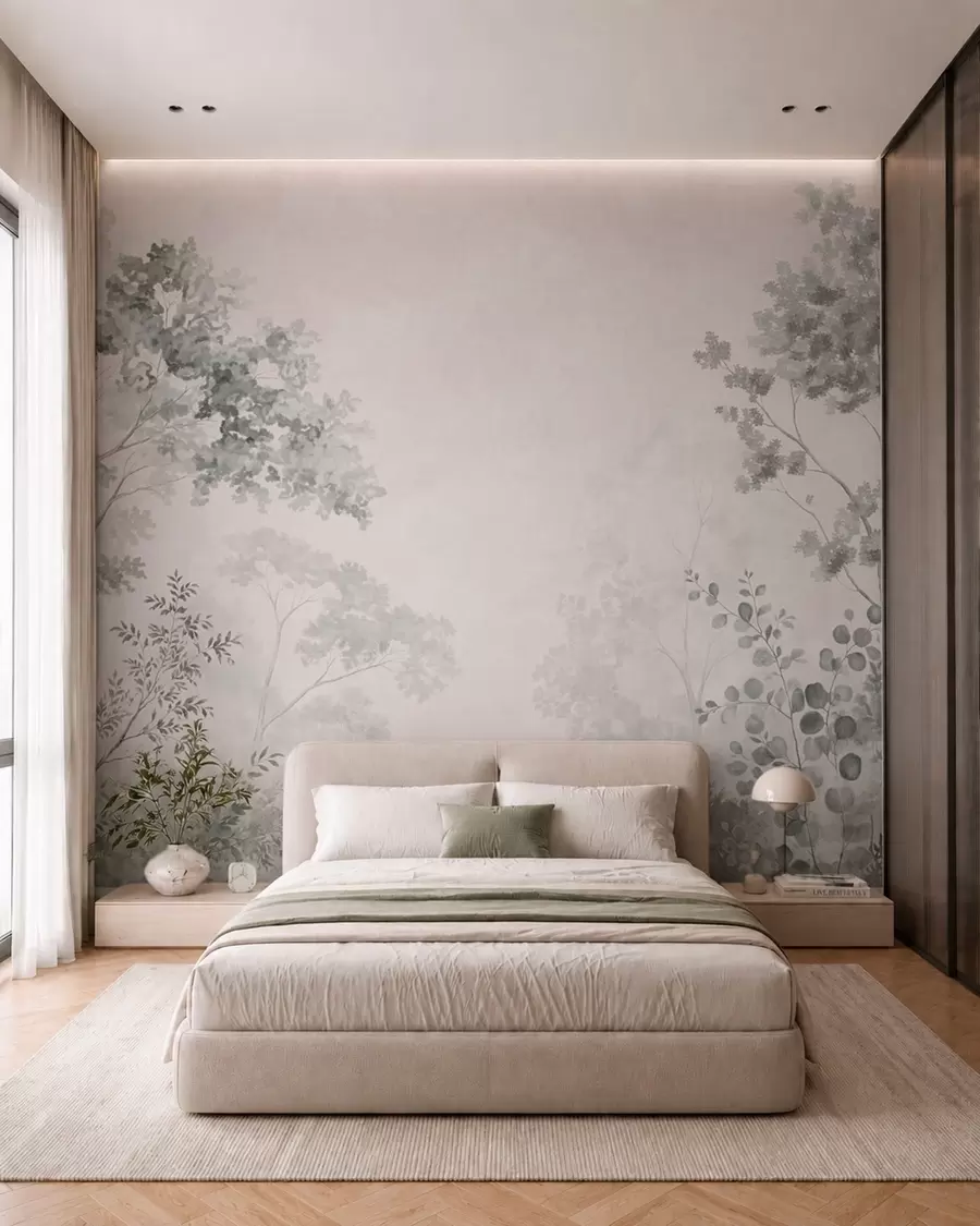 wall murals Forest trees and greenery on a light misty background w05856v1